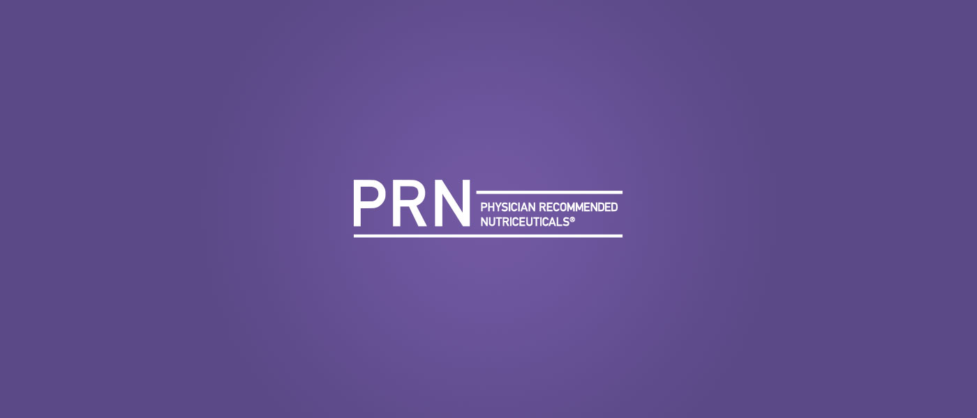 A purple background with the text PRN in large white letters. Below, smaller text reads PHYSICIAN RECOMMENDED NUTRACEUTICALS. A white line extends on each side of the smaller text.