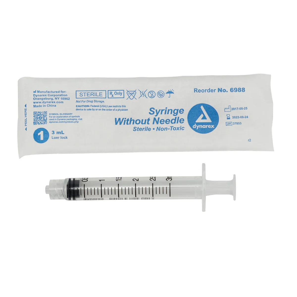 Syringe, 3cc Luer Lock, 100/Box - Dynarex