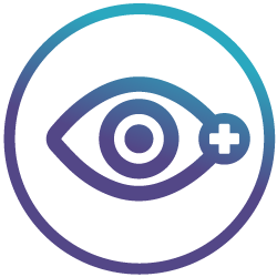 A stylized eye icon with a circular outline. The eye is centrally placed, and a plus symbol is positioned near its corner. The design features a gradient color scheme transitioning from turquoise to purple.