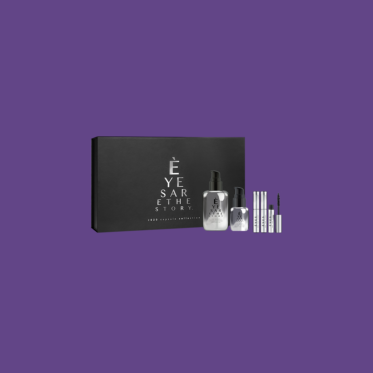 A luxurious black Trinacria Collection box set against a purple background includes a large black and silver box, two pump bottles of Eye Proof Facial Cleanser and Serum, and six sleek pen-like items. The text reads, EYES ARE THE STORY.