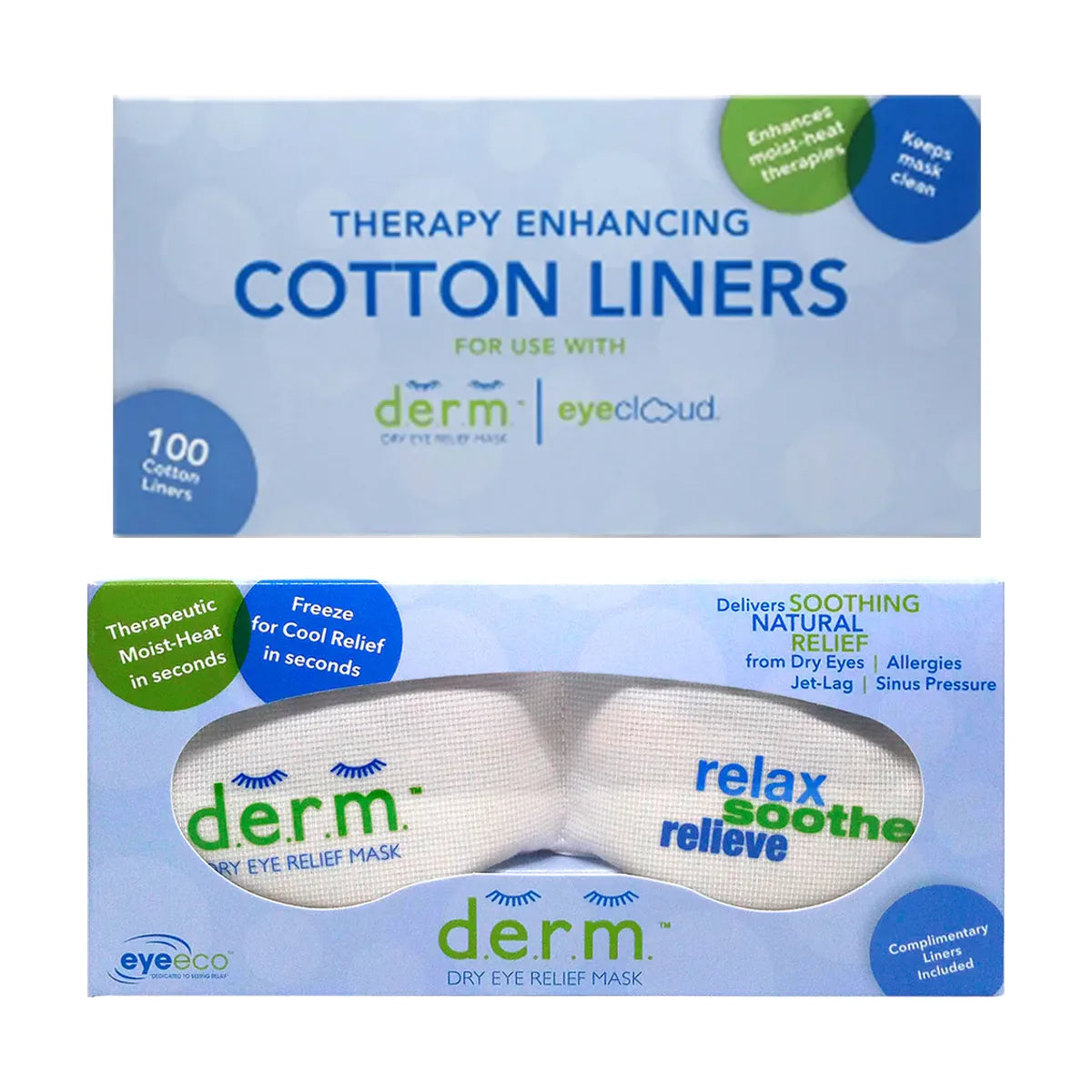 EyeEco D.E.R.M.™ Dry Eye Relief Mask & Replacement Liners Bundle (Mask Plus 100 Cotton Liners)