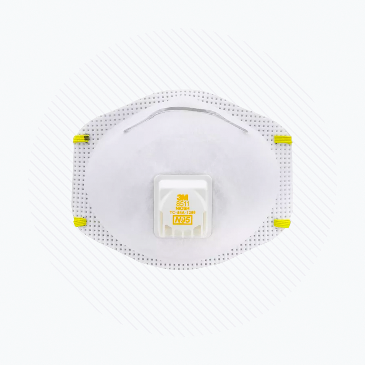 The 3M 8511 Respirator, N95, with a Cool Flow Valve and yellow elastic straps, is shown against a light gray striped background. This mask is NIOSH-approved for optimal filtration efficiency. Available in 10-pack or 80-pack options from the brand 3M.