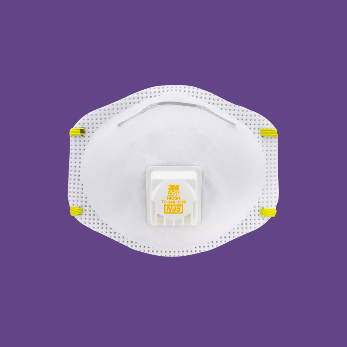 The 3M 8511 Respirator N95 mask with a Cool Flow Valve is shown against a solid purple backdrop, featuring yellow elastic bands and detailed stitching for high filtration efficiency.