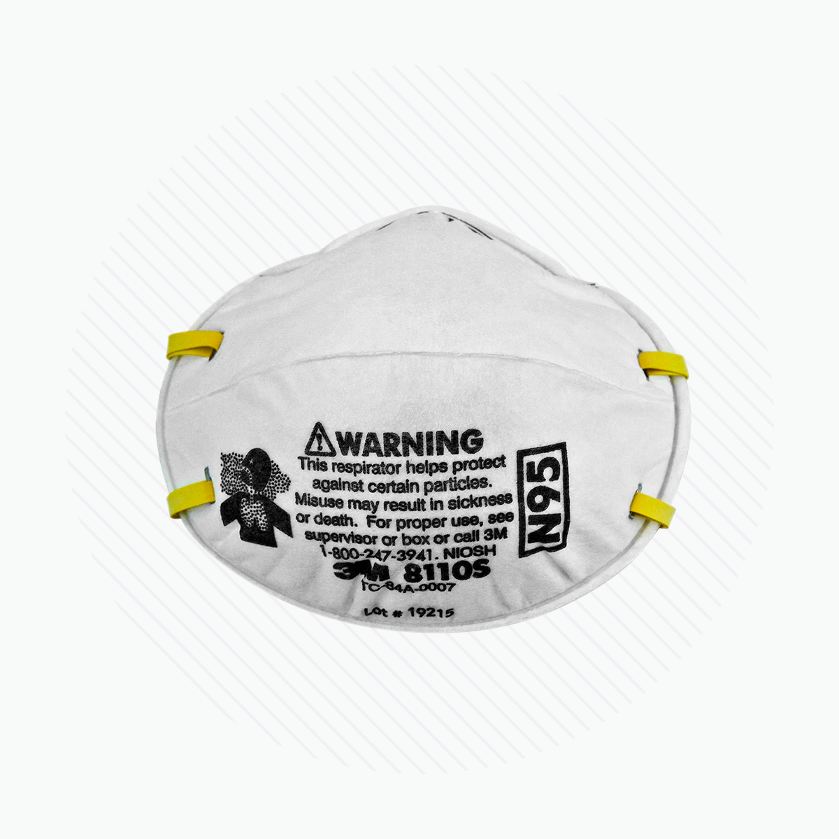 The image shows a 3M N95 Particulate Respirator, 8110S (SMALL Size), featuring yellow straps for a secure fit. It displays safety warnings and details on the front, emphasizing its efficiency in filtering airborne particles.