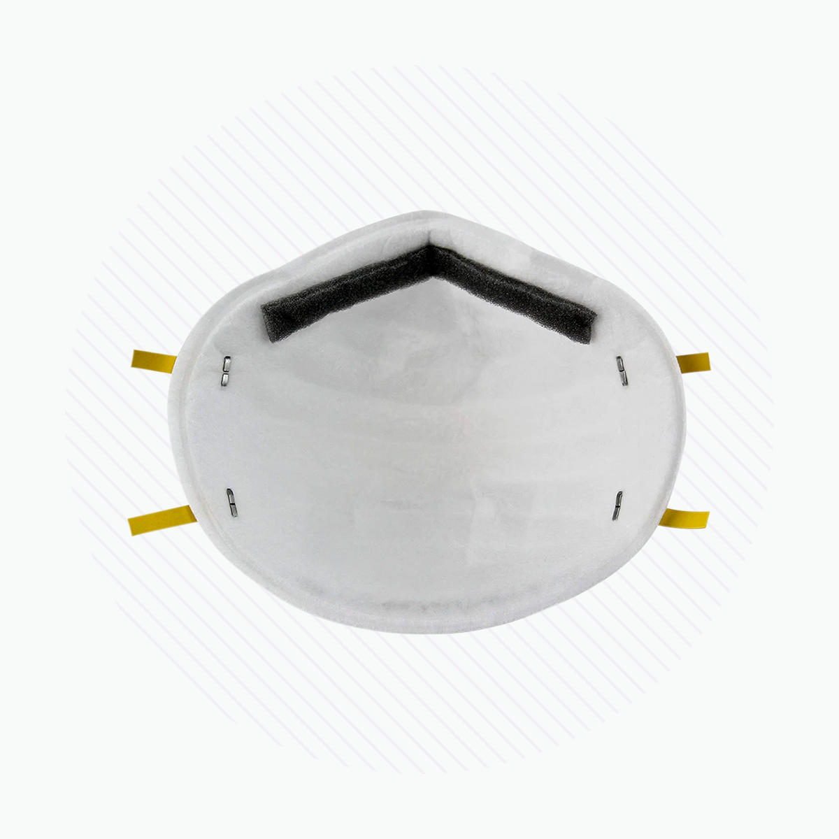 The 3M N95 Particulate Respirator, 8110S (SMALL Size) features exceptional filtration efficiency with yellow straps and a black foam nose pad. Its viewed from the front on a subtly striped background, ensuring a secure seal for optimal protection.