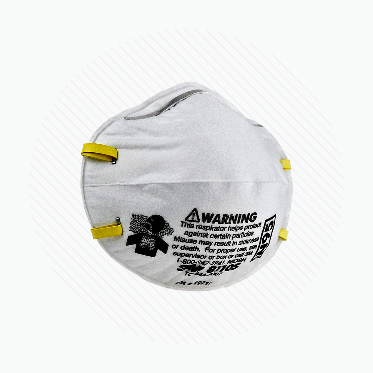 The 3M N95 Particulate Respirator, 8110S (SMALL Size), features yellow elastic straps for a secure seal and black printed text with a usage warning on the front. Its light diagonal line pattern background enhances comfort and fit. Comes in packs of 20.