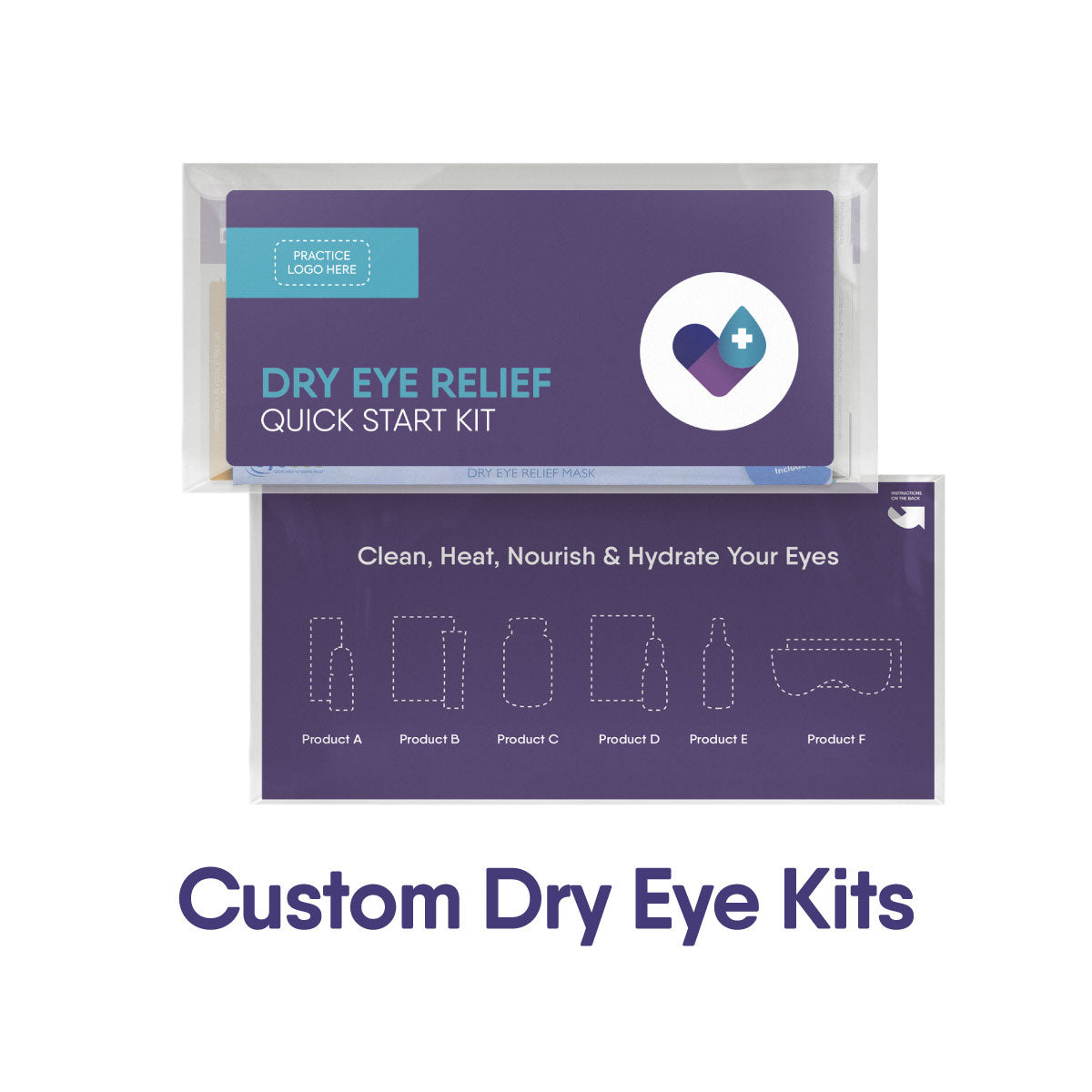 Image of a Dry Eye Product Kit package with a purple design. The top features space for a logo, while the bottom lists five generic items labeled A-E. The text reads Custom Dry Eye Kits. Brand: DryEye Rescue.