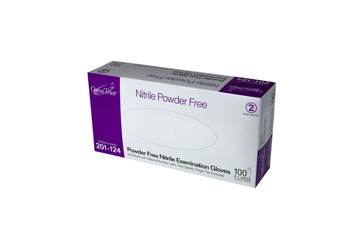 Box of Medium OmniTrust Nitrile Powder-Free Exam Gloves, 100 count, from MedPharma USA. The white box with purple sides emphasizes their latex-free design and a non-slip surface with textured fingers for excellent grip.