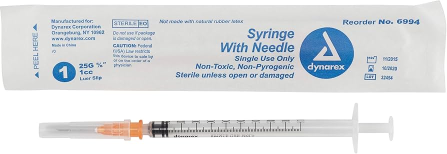 The sterile, single-use 1cc syringe with a 25g needle and Luer Slip by MedPharma USA includes reorder number 6994, is non-toxic, individually packaged, and cautions against use if damaged.