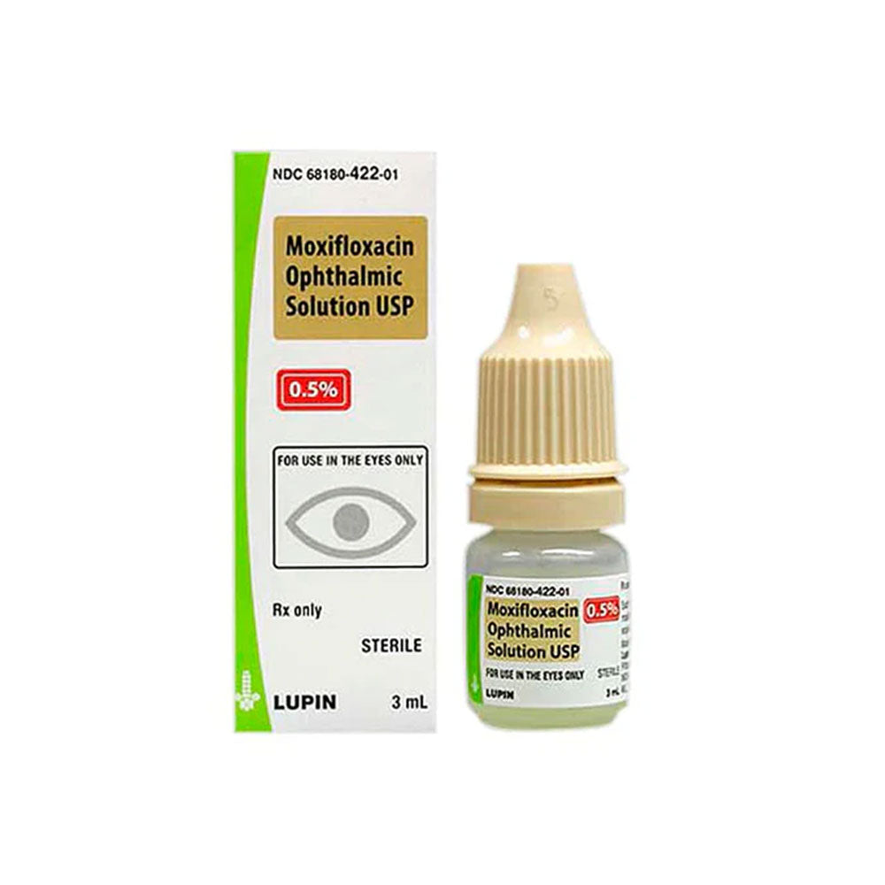 A small 3 mL bottle of Moxifloxacin 0.5% by Alembic, under the MedPharma USA brand, is displayed next to its sterile Rx only box, featuring clear directions for ocular use in treating bacterial conjunctivitis and other eye infections.