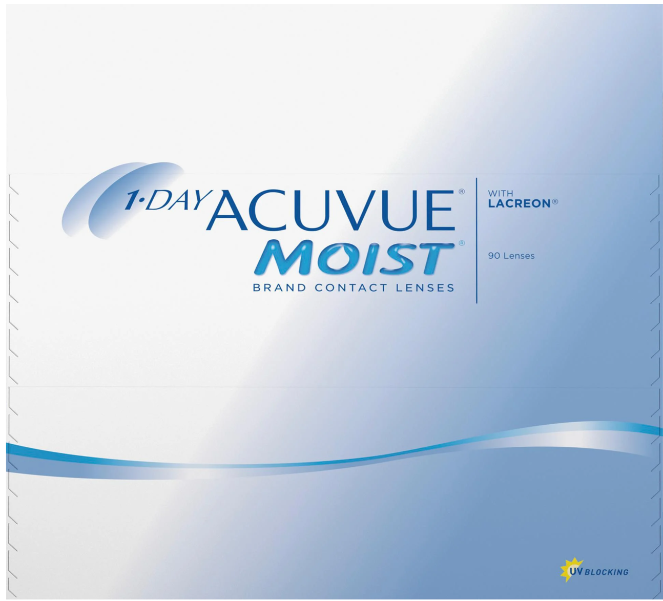 Image of a 1-Day Acuvue Moist (90 Pack) contact lenses box with a blue and white design, highlighting UV blocking and daily disposal. Features Acuvue and Moist logos by Johnson & Johnson.