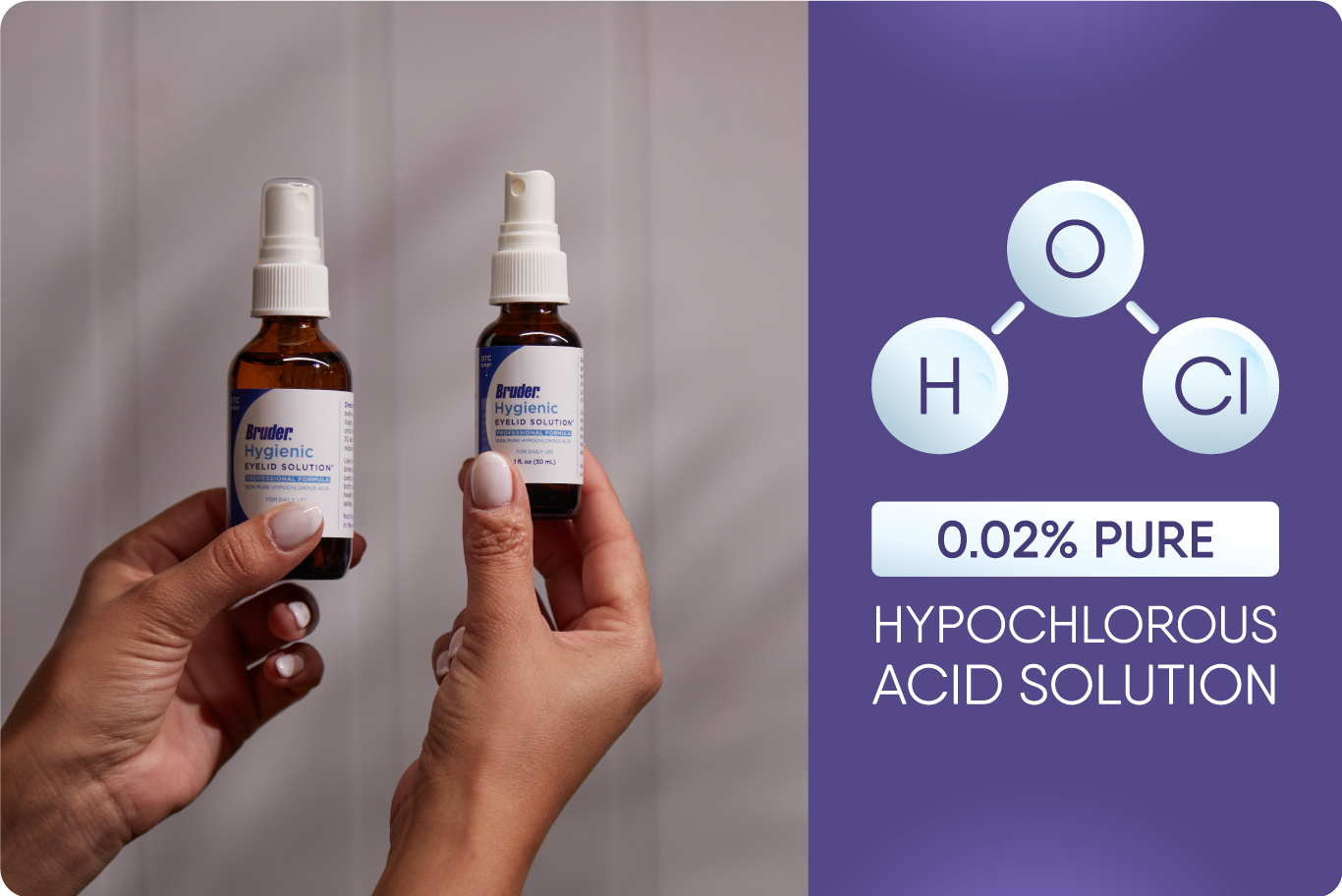 Two hands holding brown spray bottles labeled Hygienic with a chemical diagram of hypochlorous acid (HOCl) on the right. Text reads 0.02% Pure Hypochlorous Acid Solution on a purple background.