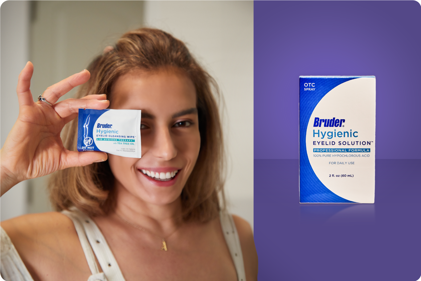 Woman smiling and holding a Bruder Hygienic Eyelid Cleansing Wipe package on the left; on the right, a box of Bruder Hygienic Eyelid Solution against a purple background.
