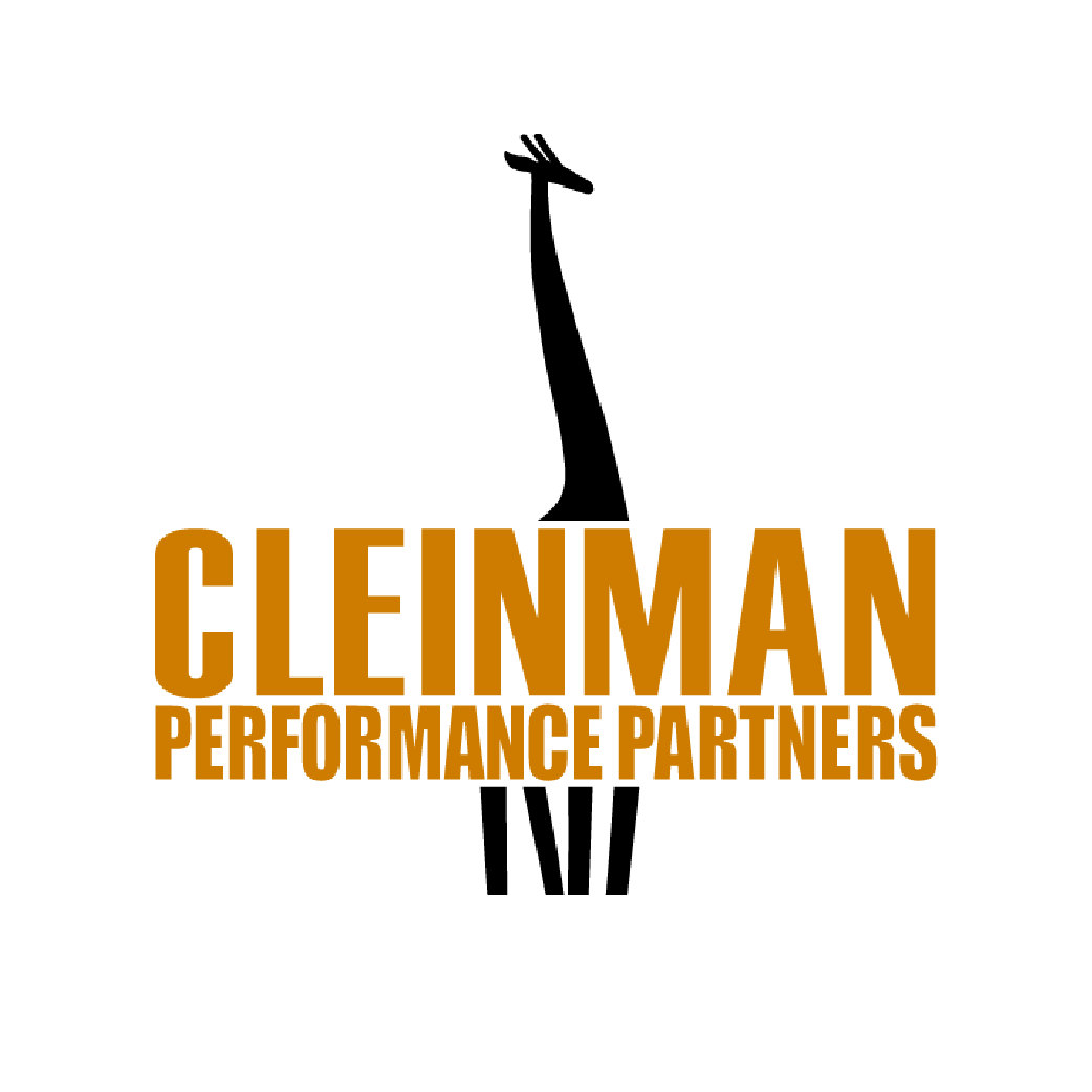 Logo for Cleinman Performance Partners features a stylized black giraffe silhouette against a white background. The words Cleinman Performance Partners are printed in bold, orange capital letters, partially overlaying the giraffe image.