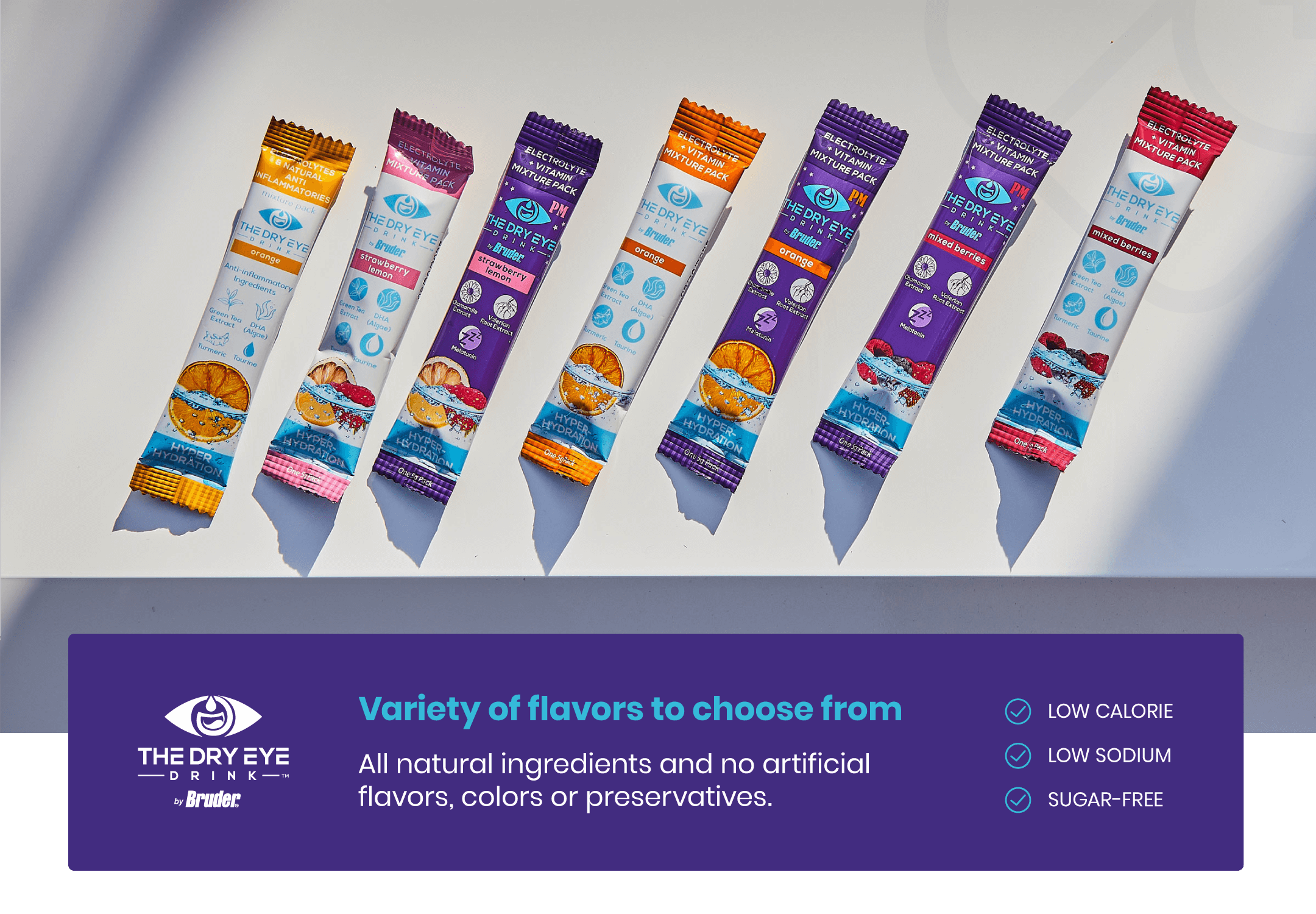 Seven packets of The Dry Eye Drink are arranged diagonally on a gray surface. Each packet has a different color scheme, indicating various flavors. Below, a purple box highlights key features: low calorie, low sodium, and sugar-free.