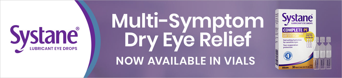 Advertisement for Systane lubricant eye drops, highlighting Multi-Symptom Dry Eye Relief now available in vials. The image shows the product packaging and three vials on a purple gradient background.