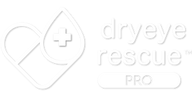 Logo with a stylized heart and droplet containing a plus sign, next to the text dryeye rescue PRO in white on a black background.