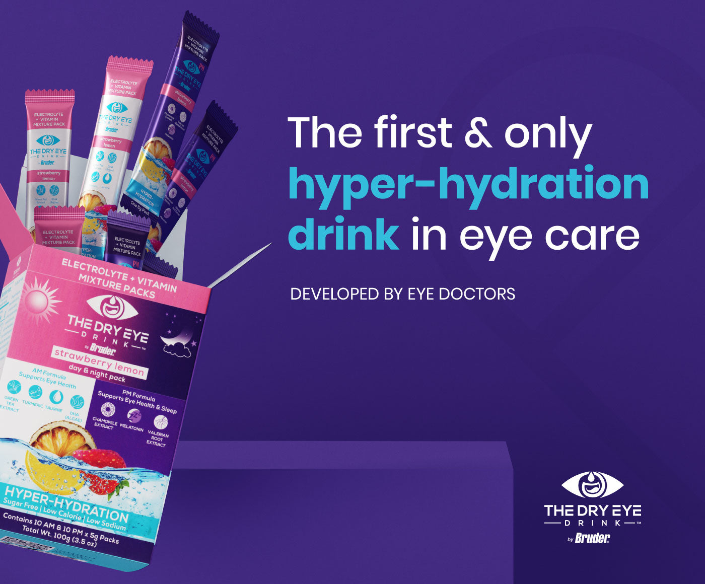 The image shows a package of The Dry Eye Drink electrolyte and vitamin mixture packs. The text reads, The first & only hyper-hydration drink in eye care. Developed by eye doctors. The package features strawberry lemon flavored packs.