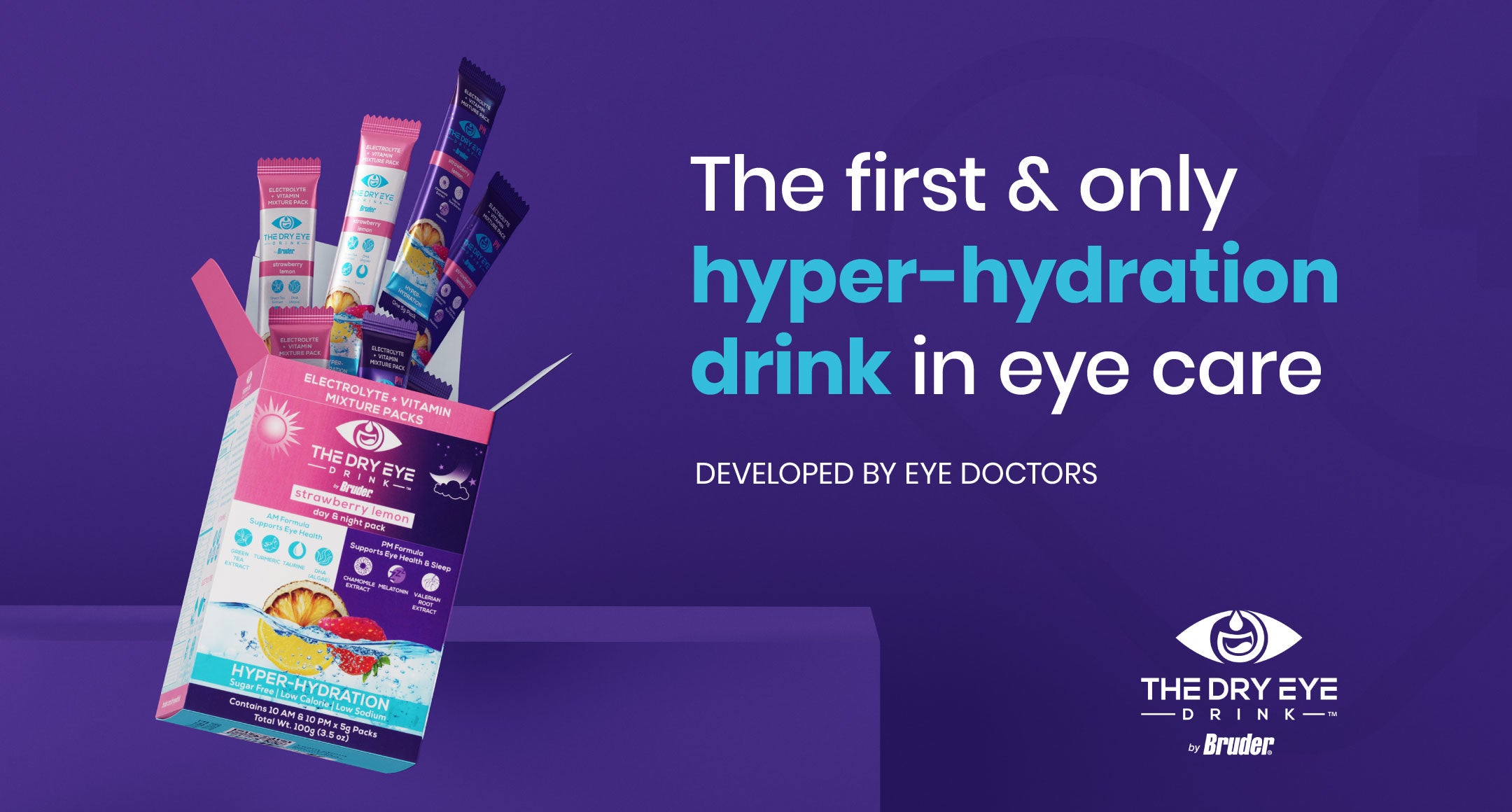 A box labeled The Dry Eye Drink is open, revealing sachets. Text reads, The first & only hyper-hydration drink in eye care. Developed by eye doctors. The box and text are displayed against a solid purple background.