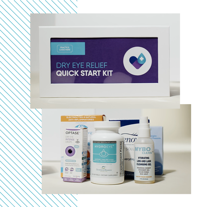 Image of a Dry Eye Relief Quick Start Kit containing various eye care products like Optase Omega Vision, HydroEye Softgels, and Heyedrate Lid and Lash Cleanser, displayed against a white background.