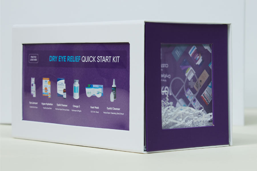A white box with a transparent window labeled Dry Eye Relief Quick Start Kit. Inside are various eye care products including gel lubricant, hygienic eyelid cleanser, omega-3 supplements, heat mask, and a bottle labeled special cleanser.