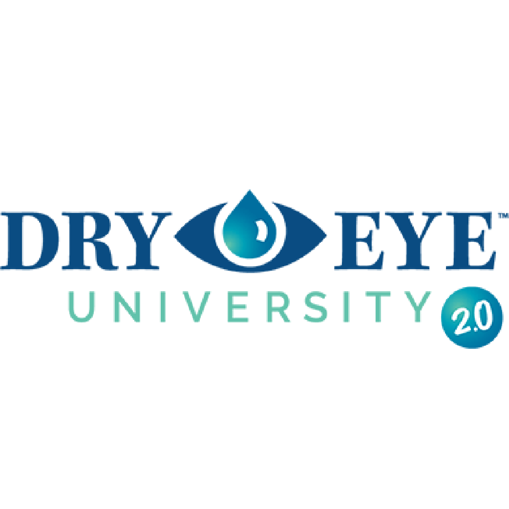 Logo of Dry Eye University 2.0 featuring the words DRY and EYE in dark blue with a stylized eye and teardrop icon between them. UNIVERSITY is written below in light blue-green, with a 2.0 badge in the bottom right.