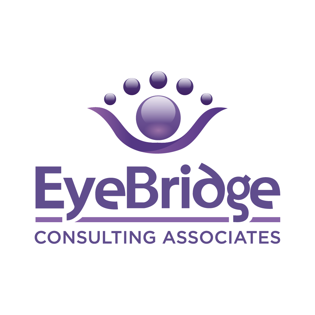 Logo for EyeBridge Consulting Associates featuring a stylized purple eye above the text EyeBridge Consulting Associates in bold purple font. The eye design includes circular elements at the top.