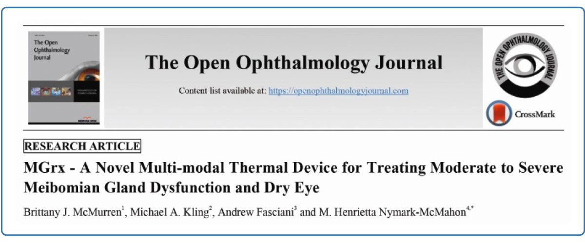 Screenshot of a research article in The Open Ophthalmology Journal titled MGrx - A Novel Multi-modal Thermal Device for Treating Moderate to Severe Meibomian Gland Dysfunction and Dry Eye, with authors listed below.