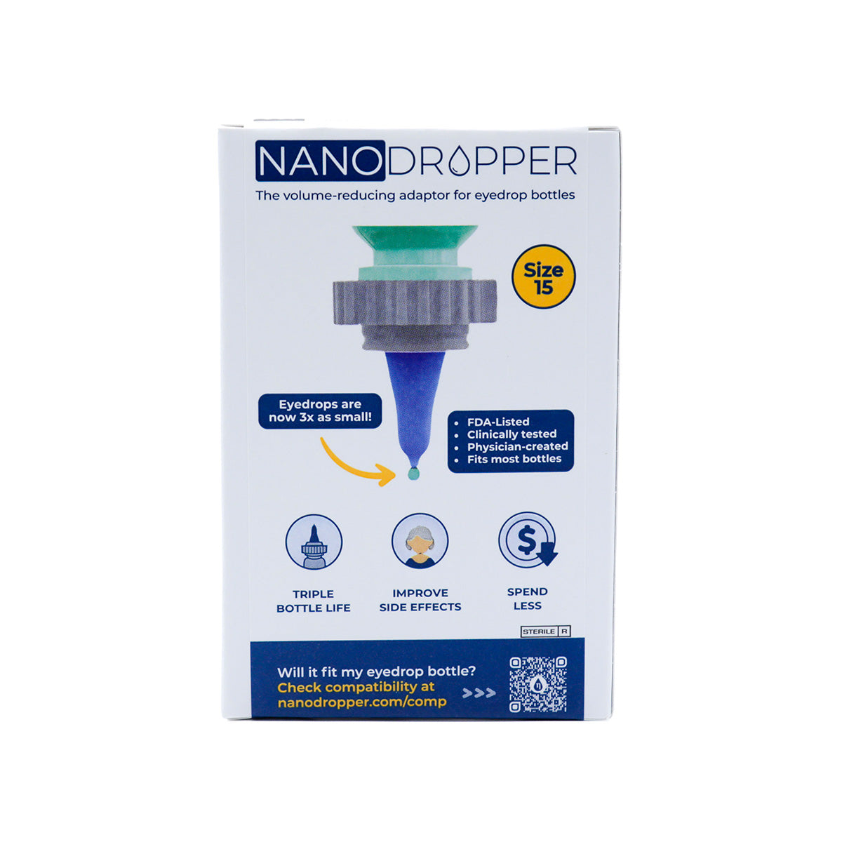 Nanodropper Eye Drop Extender Adaptor, Reduces Drop by 60%, Less Waste, Easier Application (Two Sizes)