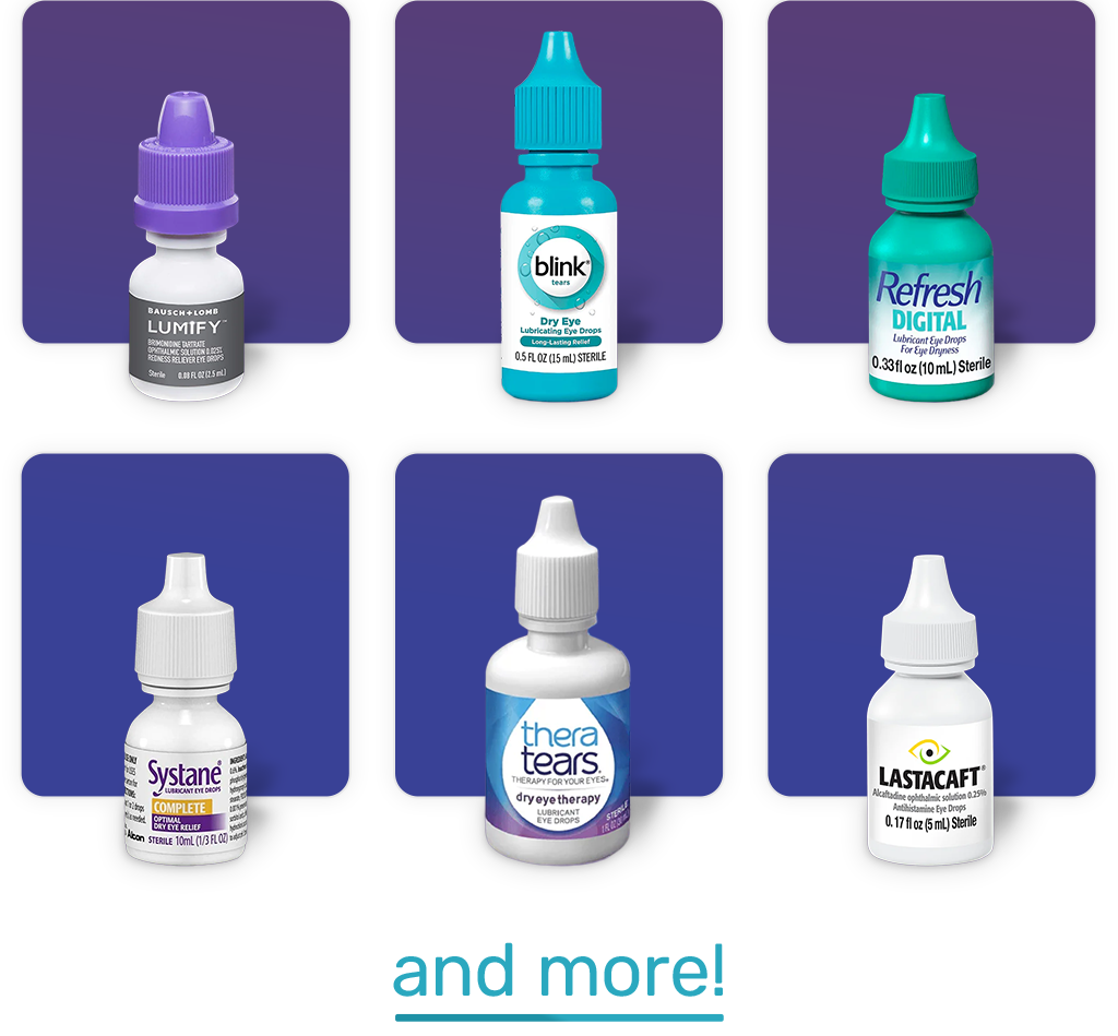Image of six different eye drop bottles arranged in two rows with varied designs and colors. Includes brands like Lumify, Blink, and Refresh. The bottom of the image has the text and more! in blue.
