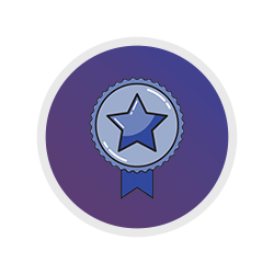 A blue ribbon with a star in the center is depicted inside a purple circle. The ribbon has a scalloped edge and a tail hanging below, conveying an award or badge of achievement.