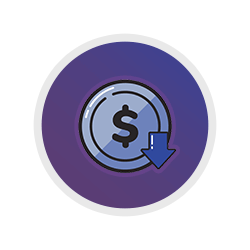 A coin with a dollar sign and a blue downward arrow on a circular purple background, symbolizing a decrease in cost or savings.