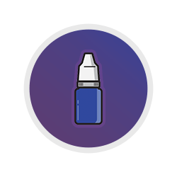 Icon of a small blue dropper bottle with a white cap, set against a purple circular background.
