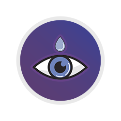 A stylized eye with a blue iris, enclosed in a purple circle. Above the eye is a single blue droplet. The image has a gradient effect, transitioning from deep purple to a lighter shade.