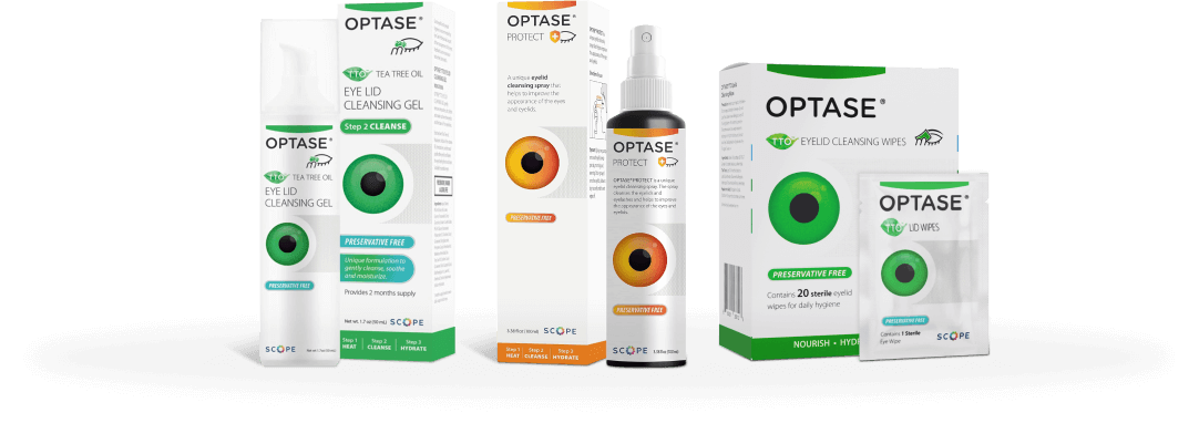 A collection of Optase eye care products including a gel, cleanser, spray, cleaning wipes, and a box of 20 wipes. Packaging features green eyes and teal and orange accents.