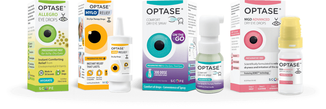 A lineup of Optase eye care products, including drops and sprays, in colorful packaging. The products vary in size and design, with labels indicating different uses for eye hydration and relief.