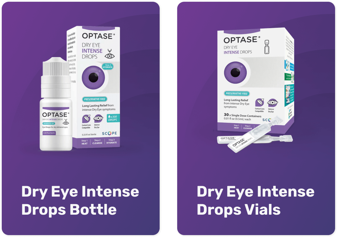 Left side shows Optase Dry Eye Intense Drops bottle and packaging. Right side displays box of Optase Dry Eye Intense Drops vials, with several vials and packaging visible. Both are on a purple background with product descriptions below.
