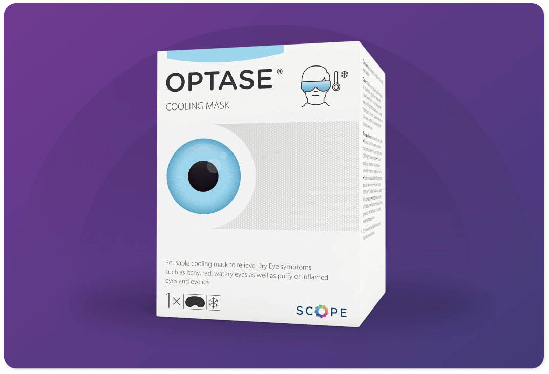 Box of Optase Cooling Mask on a purple background. The packaging shows an illustration of an eye and head with a mask. It highlights benefits for relieving dry eye symptoms, such as itchiness and inflammation.