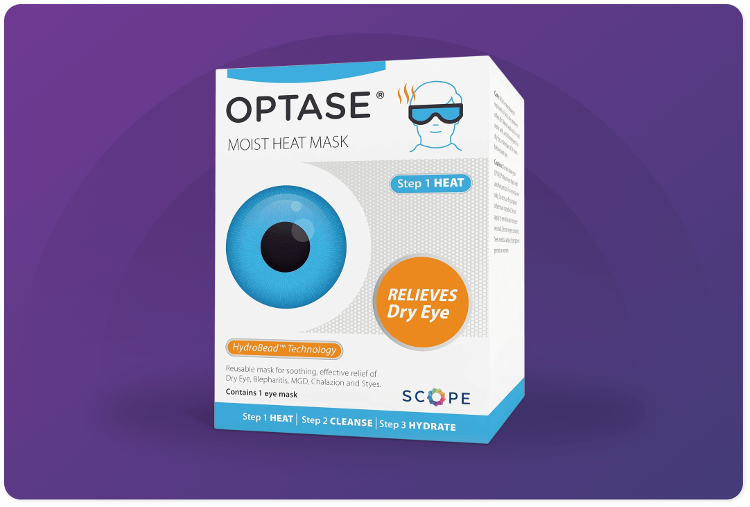 Packaging for Optase Moist Heat Mask, featuring a stylized eye illustration. The text highlights Step 1 Heat and Relieves Dry Eye, with a purple background. The mask utilizes HydroBead Technology for dry eye relief.