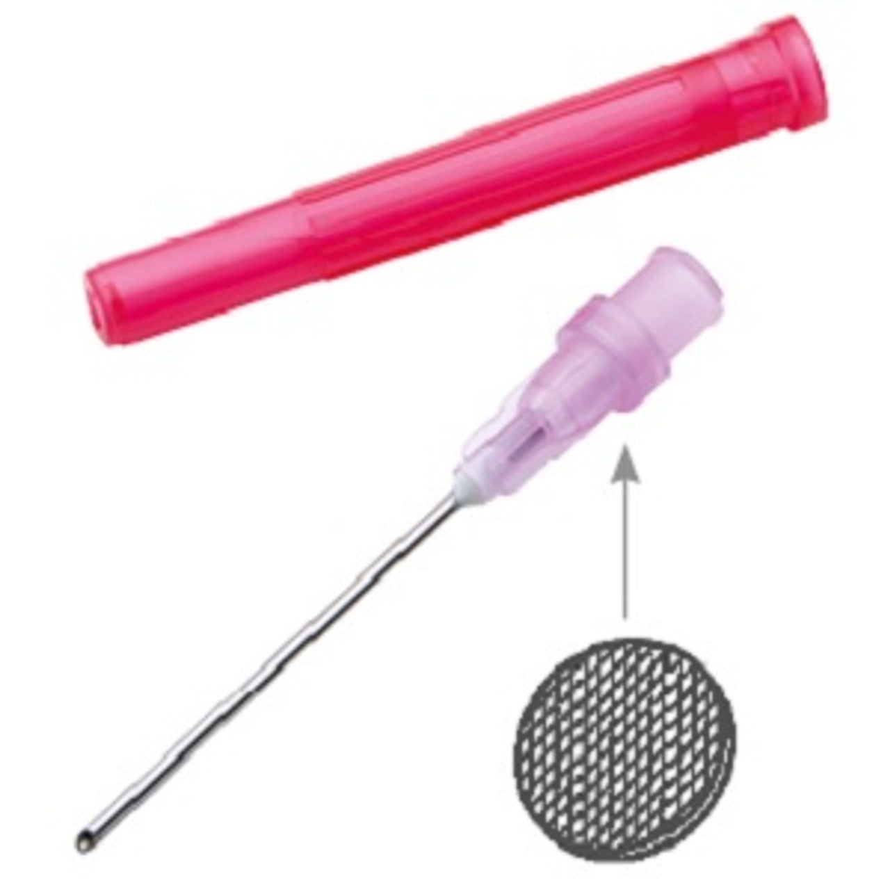 A pink, cylindrical plastic tube with a cap features an 18g metal needle attached to a transparent purple base, highlighting the textured needle design, similar to MedPharma USAs Needles, Disposable Filter- 18g x 1 1/2, sold as 100/Box among medical supplies.