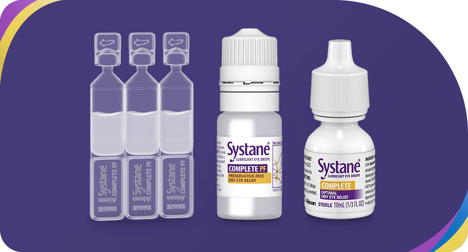Image of Systane eye drop products. Three small vials are on the left, a white and purple labeled bottle in the center, and a white bottle with purple text on the right, all against a purple background with curved color accents.