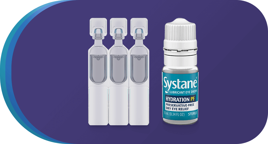 A small bottle of Systane Hydration PF eye drops is displayed on a purple background, alongside three single-use vials. The bottles label is teal, with white text and a white cap.