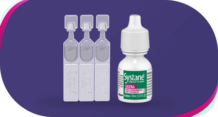 Three single-use vials and one bottle of Systane Ultra high-performance eye drops are displayed against a purple background.