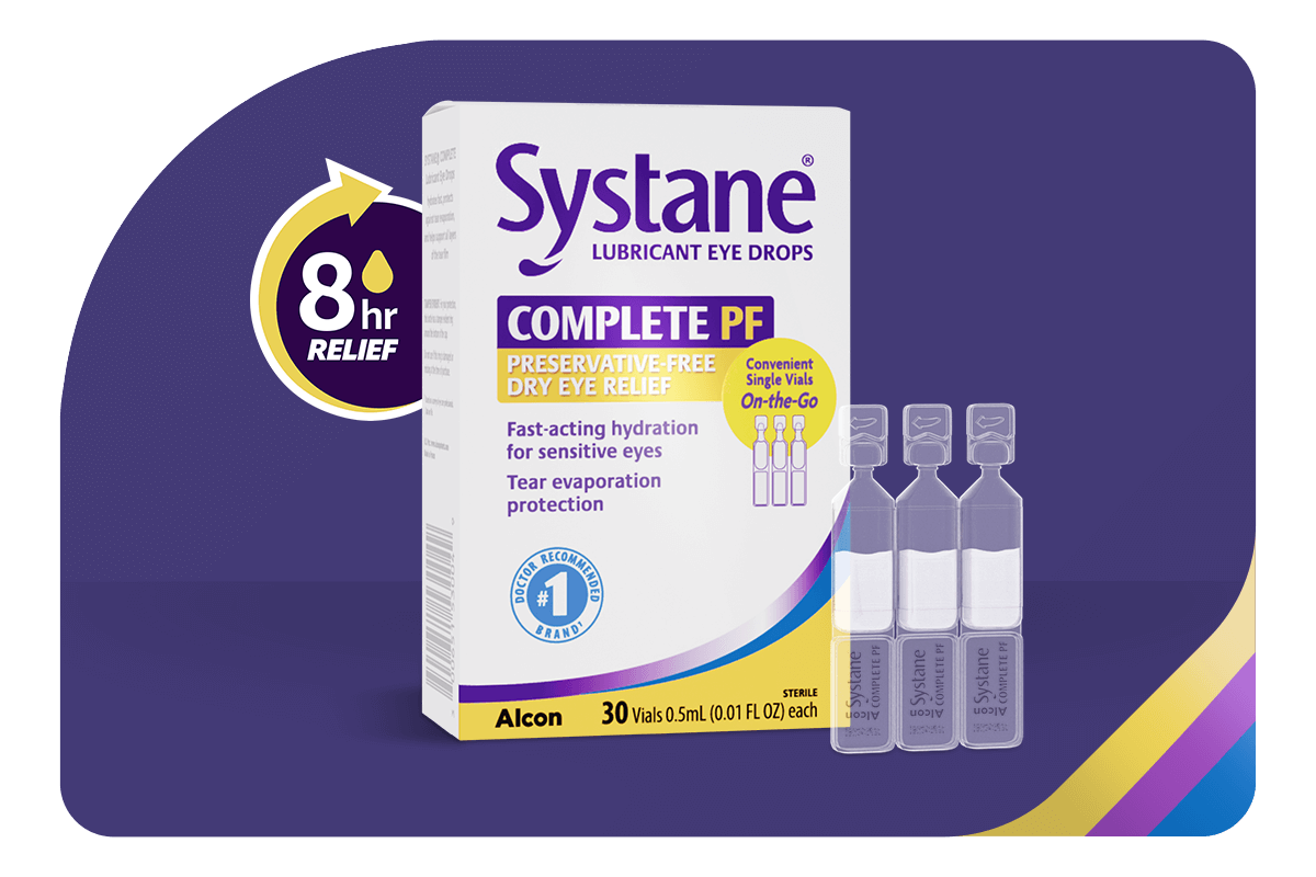 Image of Systane Complete PF lubricant eye drops packaging. The box promises preservative-free dry eye relief with up to 8 hours of relief. Includes 30 single-use vials, shown next to the box, for fast-acting hydration and tear evaporation protection.
