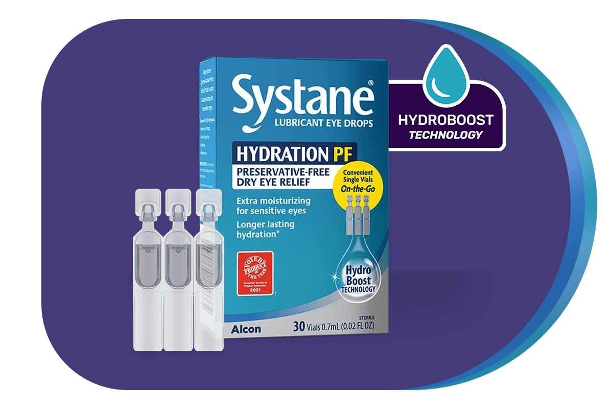 Image of a Systane Hydration PF lubricant eye drops package with three single-use vials beside it. The box highlights benefits like preservative-free formula, extra moisturizing, and HydroBoost Technology for dry eye relief.