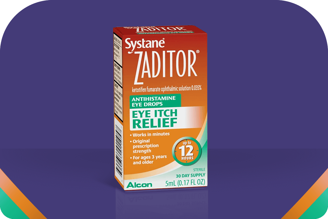 An orange and white box of Systane Zaditor Antihistamine Eye Drops on a reflective purple surface. The packaging highlights Eye Itch Relief and up to 12 hours efficacy. It contains 5ml of solution for ages 3 and up.