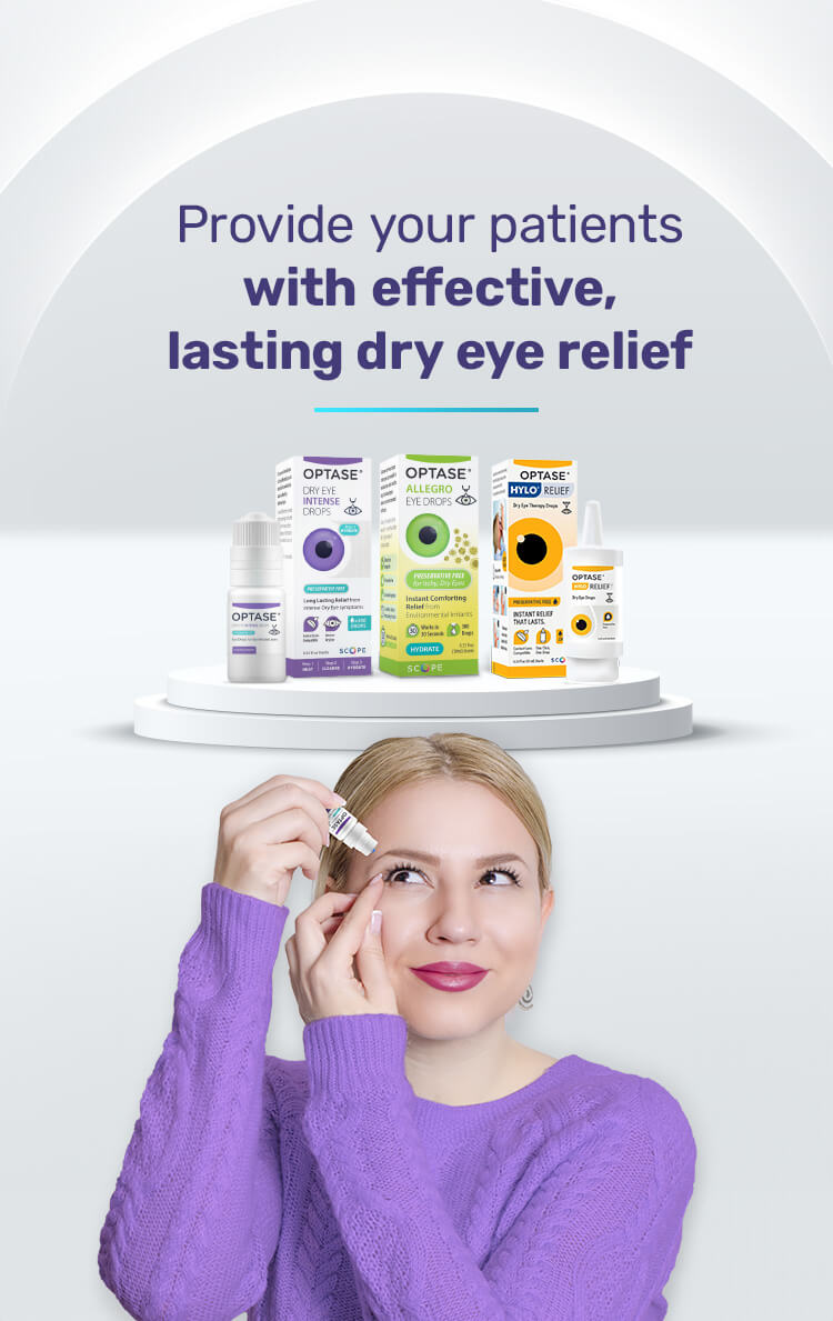 A person in a purple sweater applies eye drops, with OPTASE dry eye relief products displayed on a pedestal. The text reads, Provide your patients with effective, lasting dry eye relief.