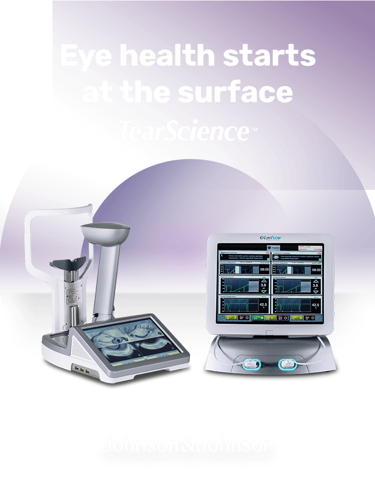 Medical devices for eye health by Johnson & Johnson, labeled TearScience, displayed against a purple background. The text reads, Eye health starts at the surface.