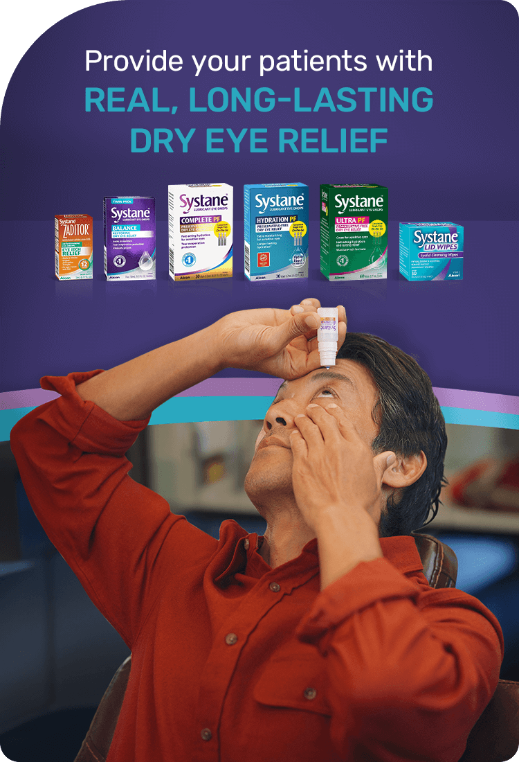 A person in a red shirt applies eye drops while seated. Above are images of different Systane eye drop products. The text reads, Provide your patients with real, long-lasting dry eye relief.