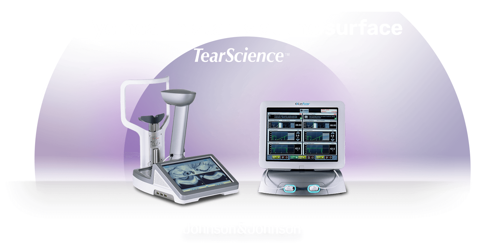 Medical equipment for eye health by TearScience, including an analysis device with a screen displaying diagnostic images. The background is purple with the text Eye health starts at the surface and Johnson & Johnson at the bottom.